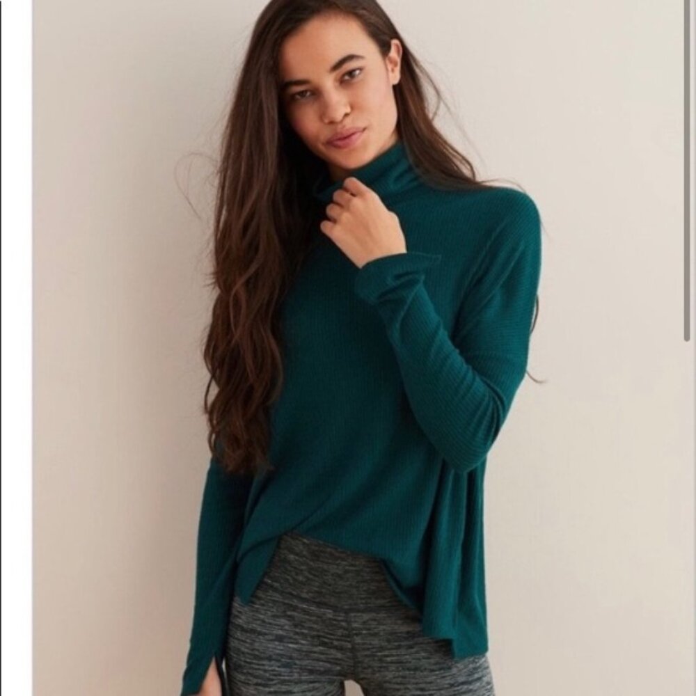 Aerie Ribbed Knit Turtleneck Long Sleeve Sweater In Forest Green- Size S Preppy